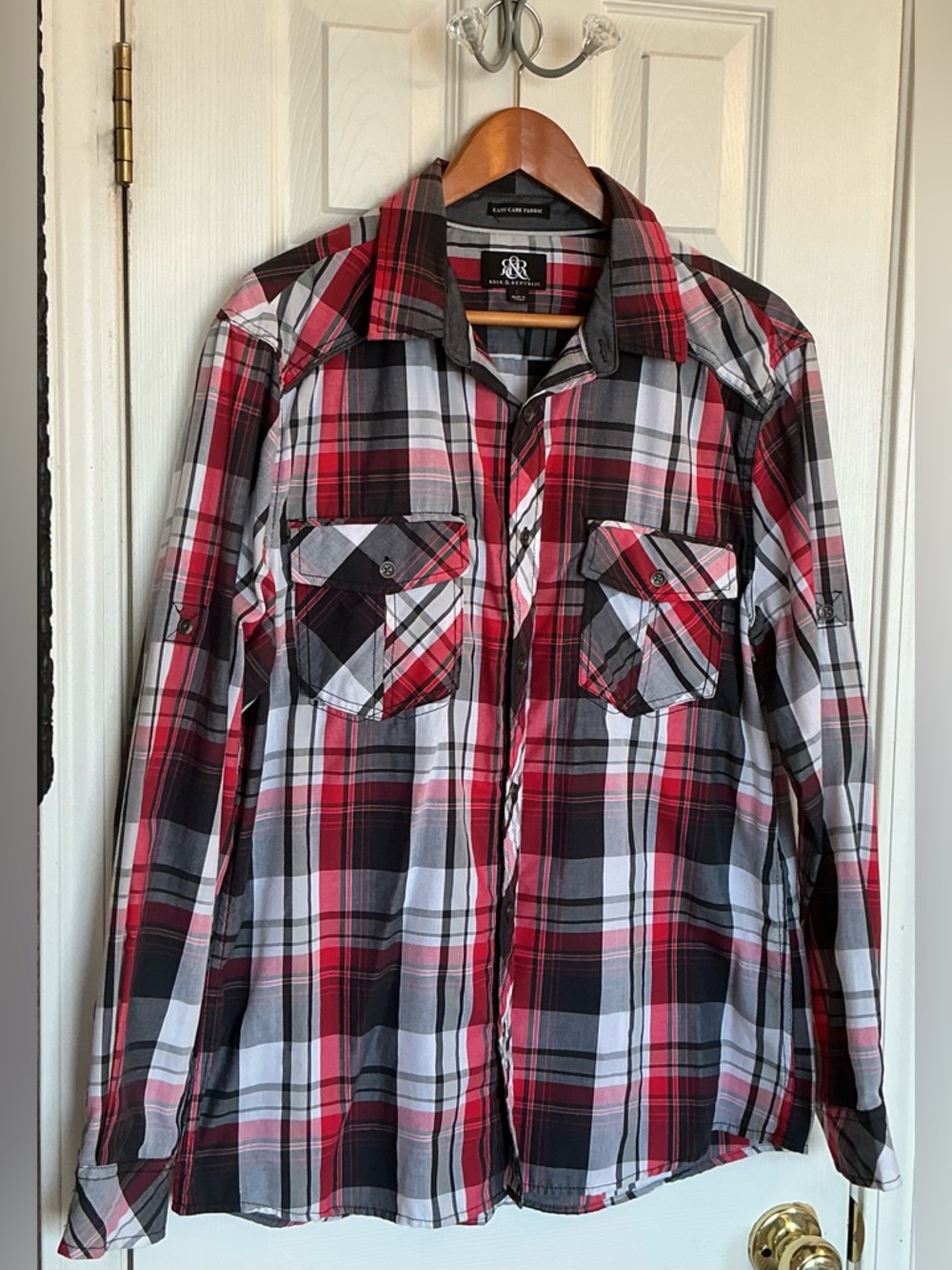 Rock & Republic Mens Large Red Black White Plaid Button-Down Pockets Long Sleeve